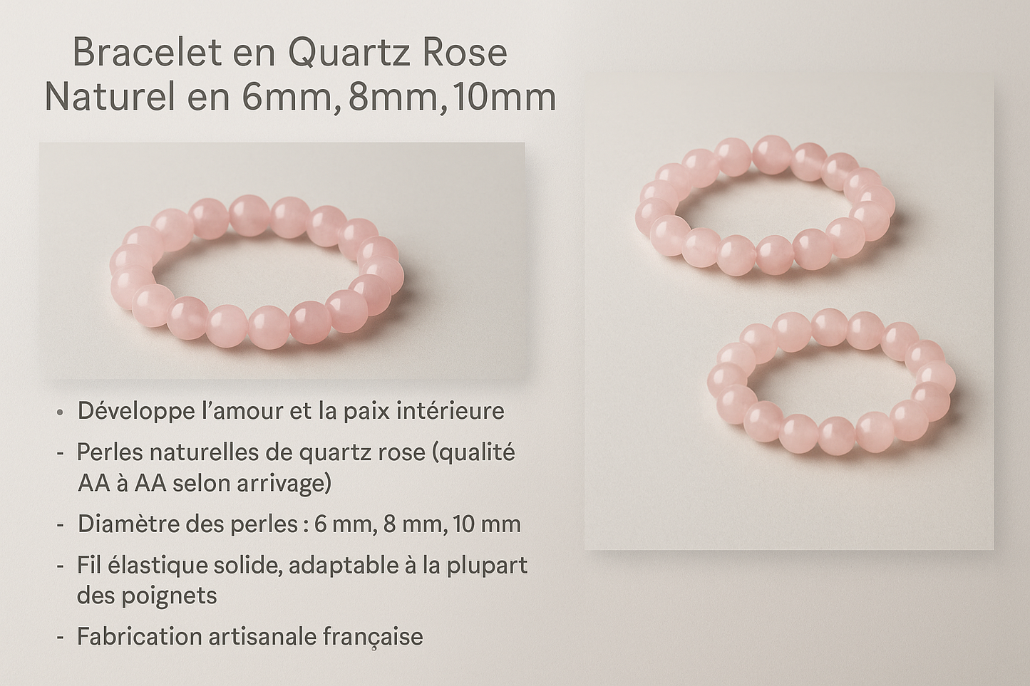 Bracelet en Quartz Rose Naturel-6mm,8 mm,10 mm-Qualité extra à A
