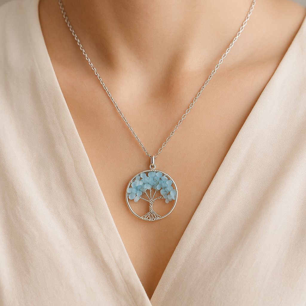 Pendentif Arbre de Vie en Aigue marine- Douceur & Communication
