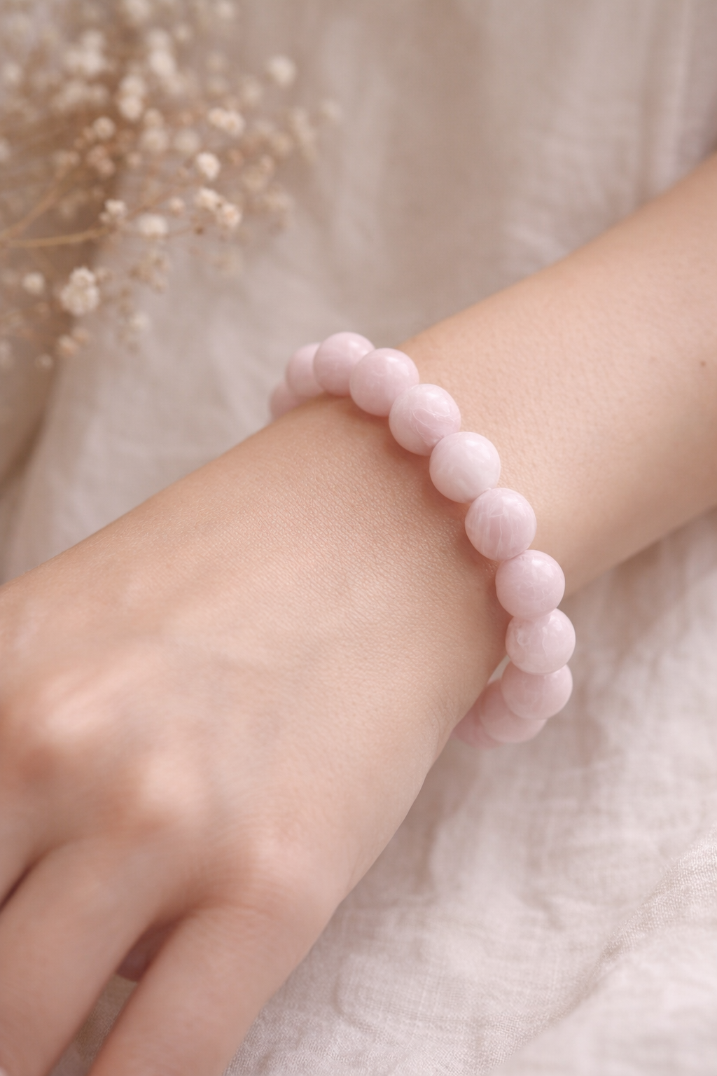 Bracelet Kunzite naturelle AA – Perles 10 mm – Pierre de douceur