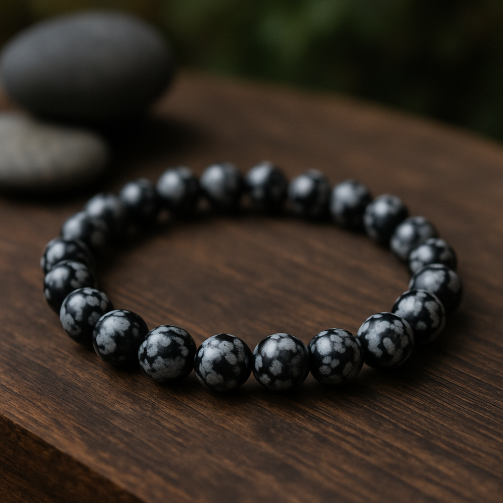 ❄️ Bracelet en Obsidienne Flocon de Neige – 6 mm, 8 mm, 10 mm – Qualité extra à AA🌑