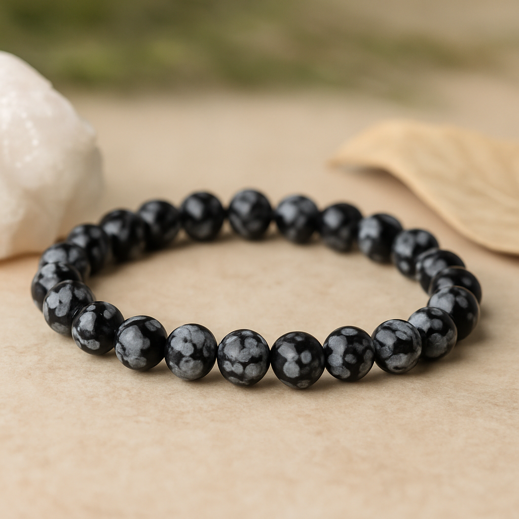 ❄️ Bracelet en Obsidienne Flocon de Neige – 6 mm, 8 mm, 10 mm – Qualité extra à AA🌑