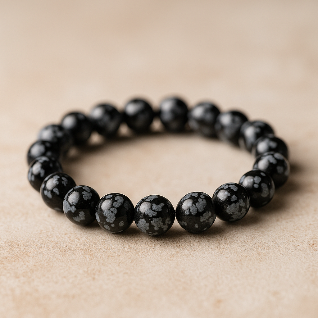 ❄️ Bracelet en Obsidienne Flocon de Neige – 6 mm, 8 mm, 10 mm – Qualité extra à AA🌑