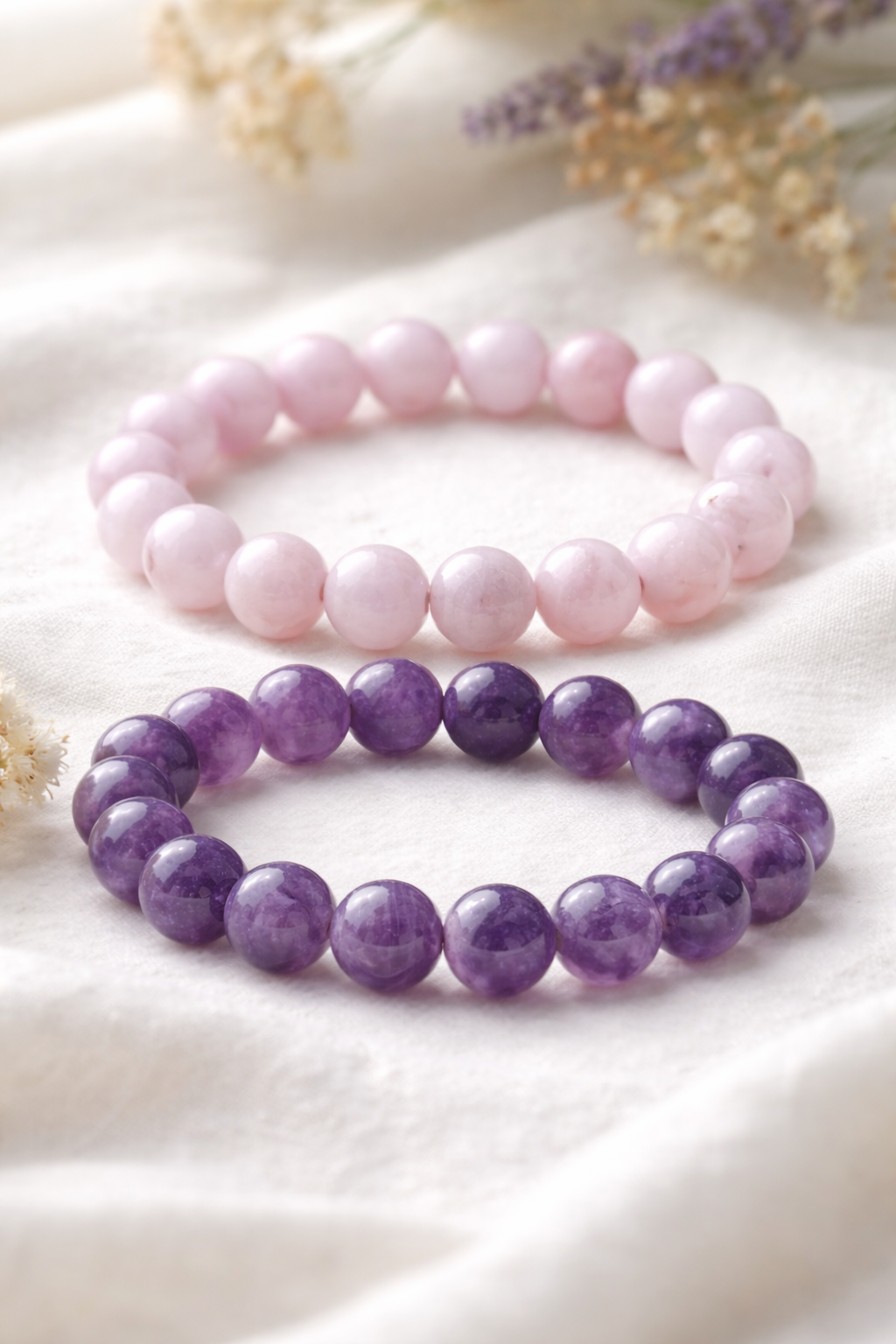 Pack Duo Bien-être – Kunzite & Améthyste 10 mm