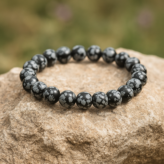 ❄️ Bracelet en Obsidienne Flocon de Neige – 6 mm, 8 mm, 10 mm – Qualité extra à AA🌑